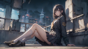 制服少女 城市夜景 优雅坐姿 4k壁纸.png